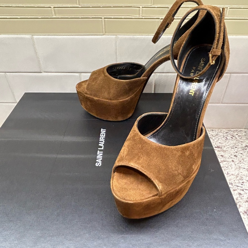 Saint Laurent Tan Suede Platform Heels - Picture 9 of 10